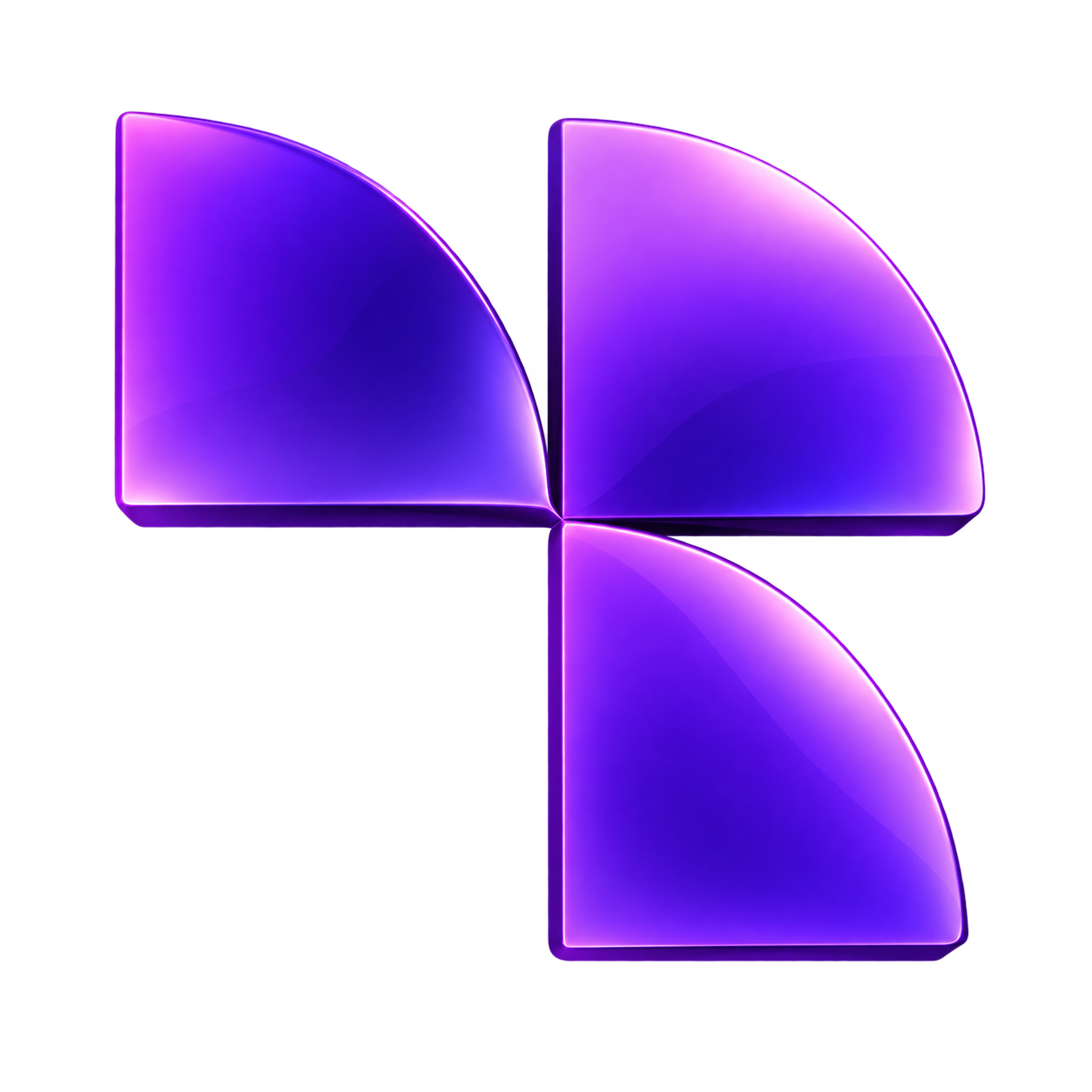 Abstract purple glossy four-quadrant shape arranged in a cross at the center of a black background