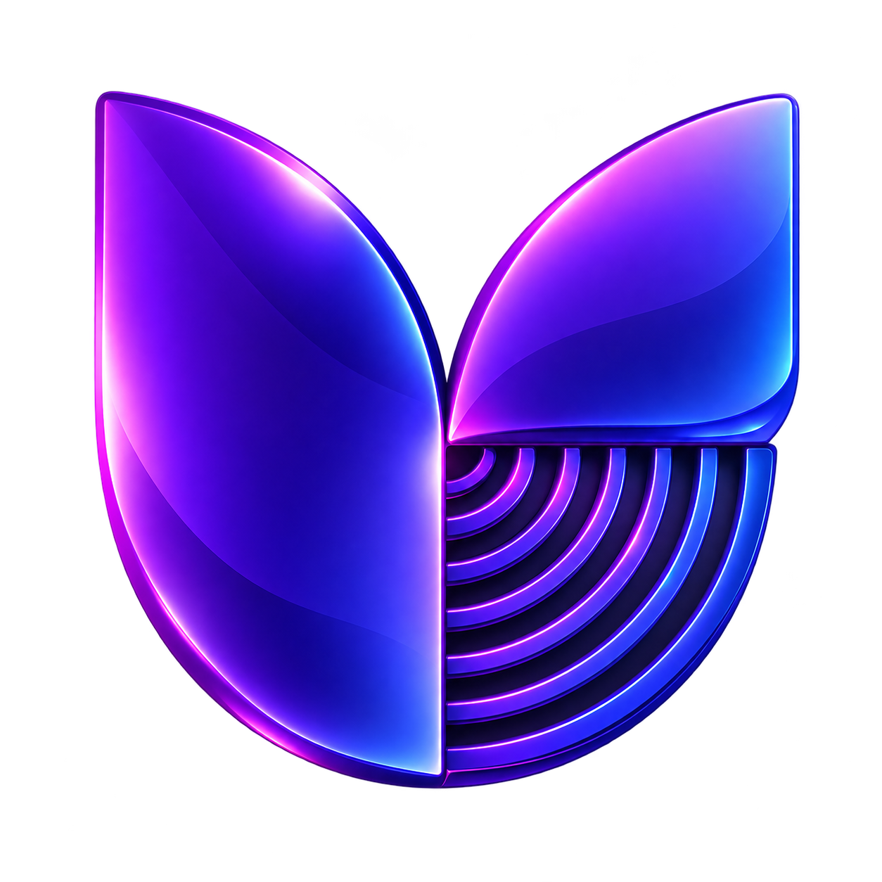 Neon purple-blue Flutter logo with two curved petals forming a stylized wing on a black background.