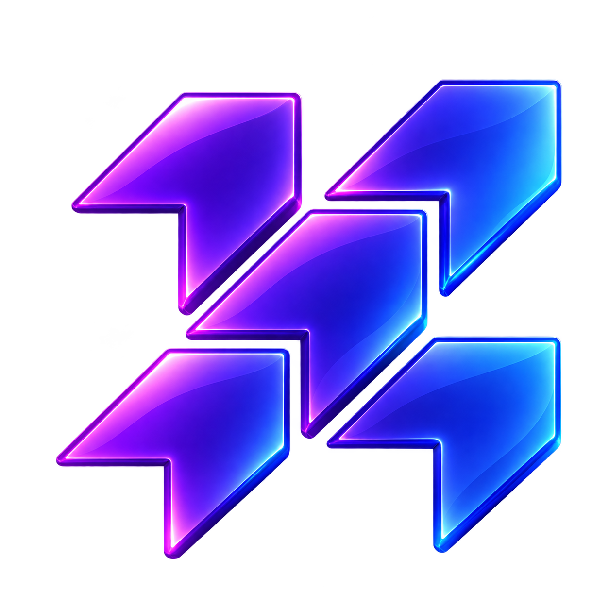 Abstract neon arrows: four glowing purple-blue chevrons arranged in a zigzag pattern suggesting speed and motion